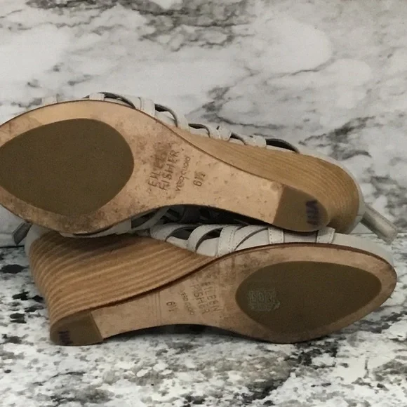 Eileen Fisher Cage Strap Lattice  Leather Gray Wood Wedge Sandal - Picture 7 of 12